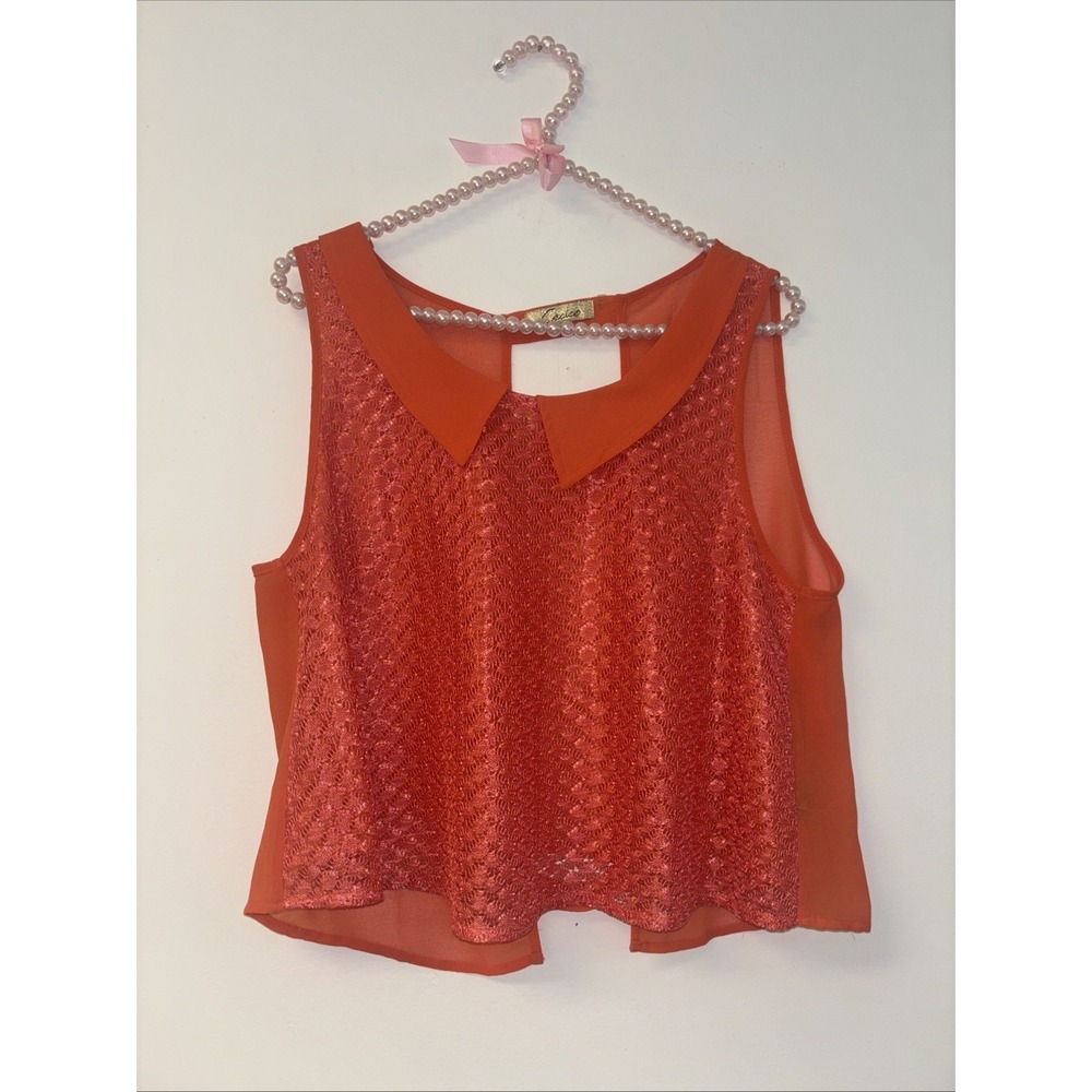 Cecico Tank Blouse Sz Lg Silky Pinup Collar Y2K Knit Chochet Retro Coral Event